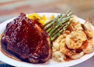 NY Steak with Grilled Shrimp and Mashed Potatoes
